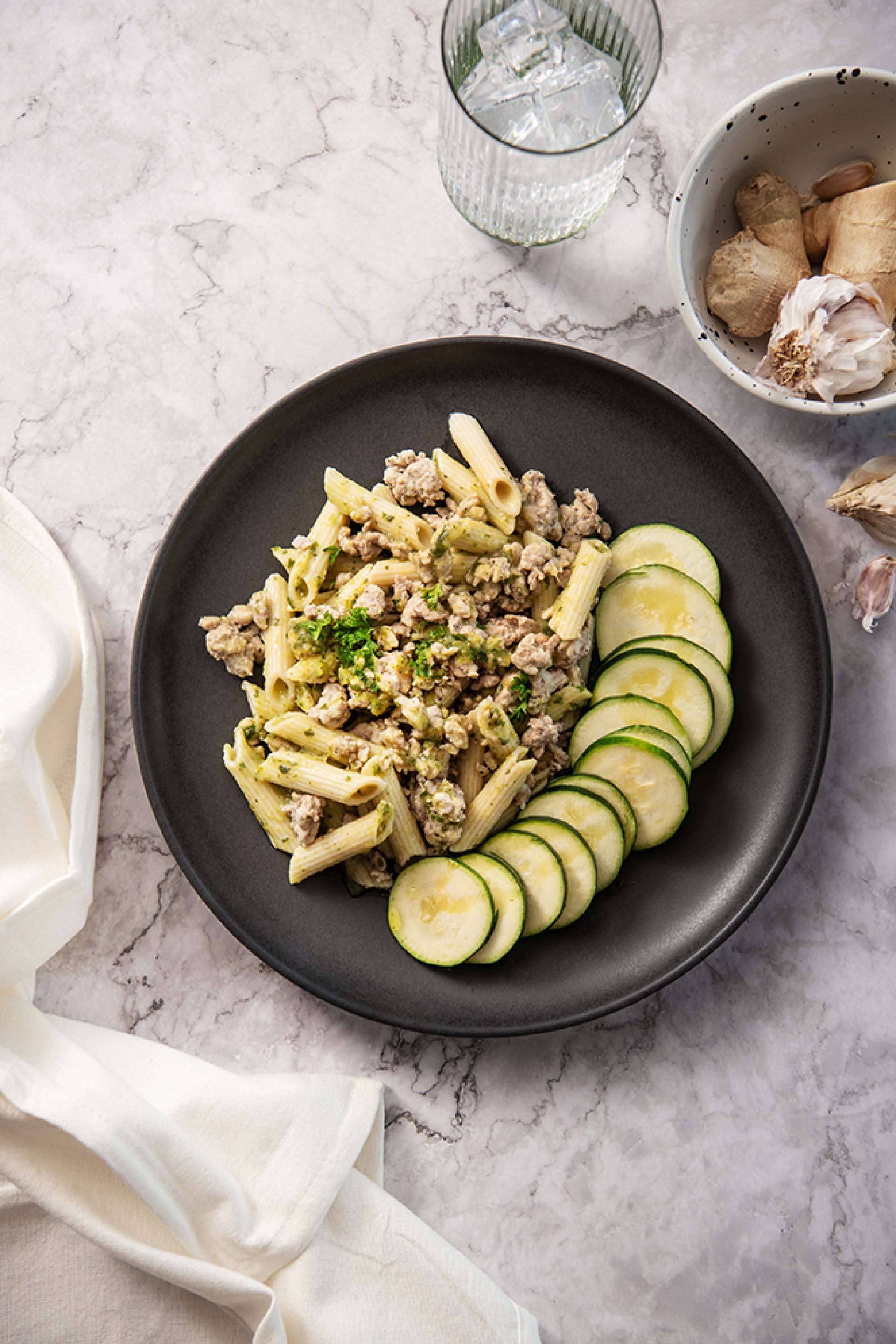 Pork Penne with Zucchini, Mint and Ginger Sauce
