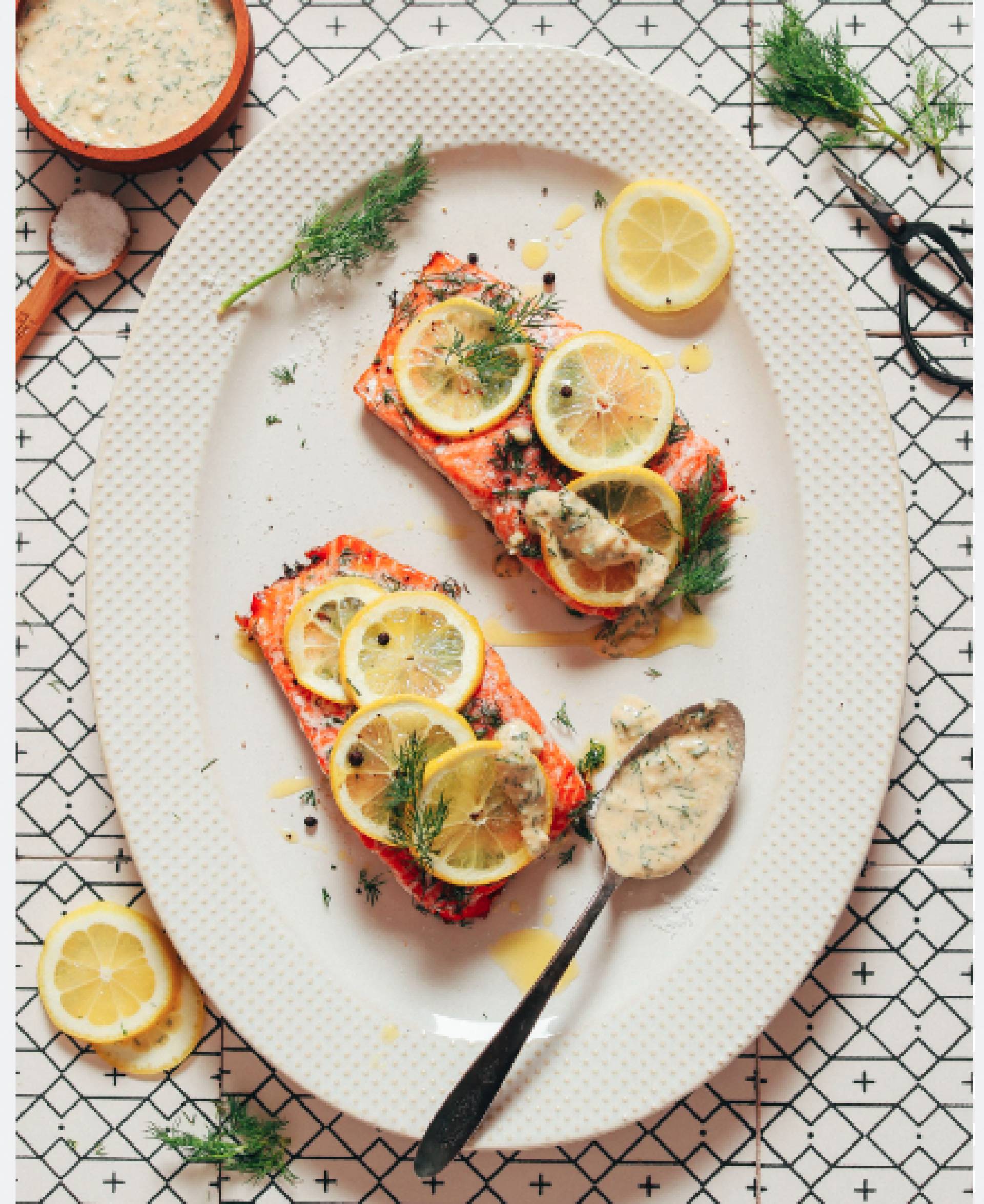 Lemon Baked Salmon with Garlic Dill Sauce