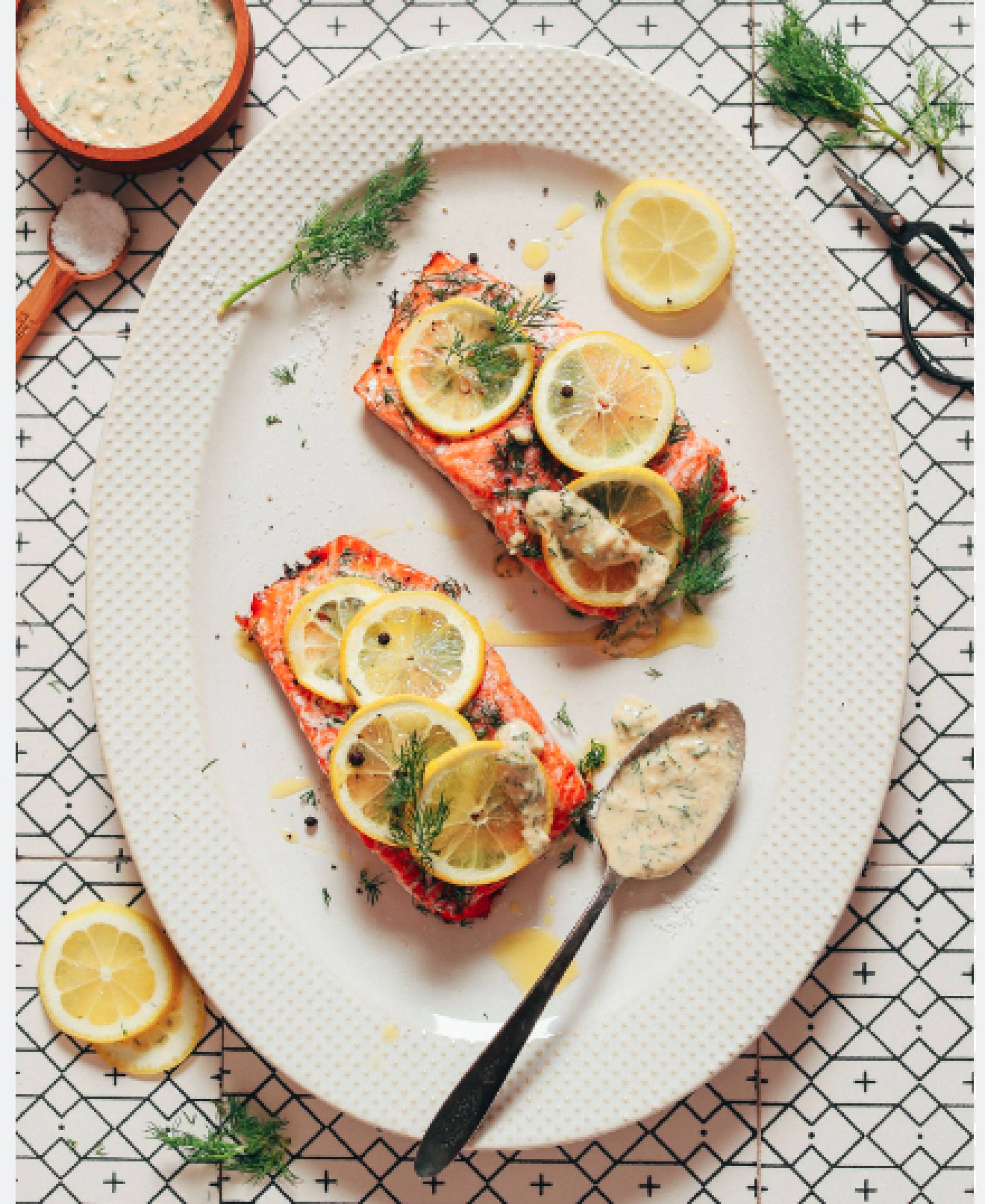 Lemon Baked Salmon with Garlic Dill Sauce (LOW CARB)