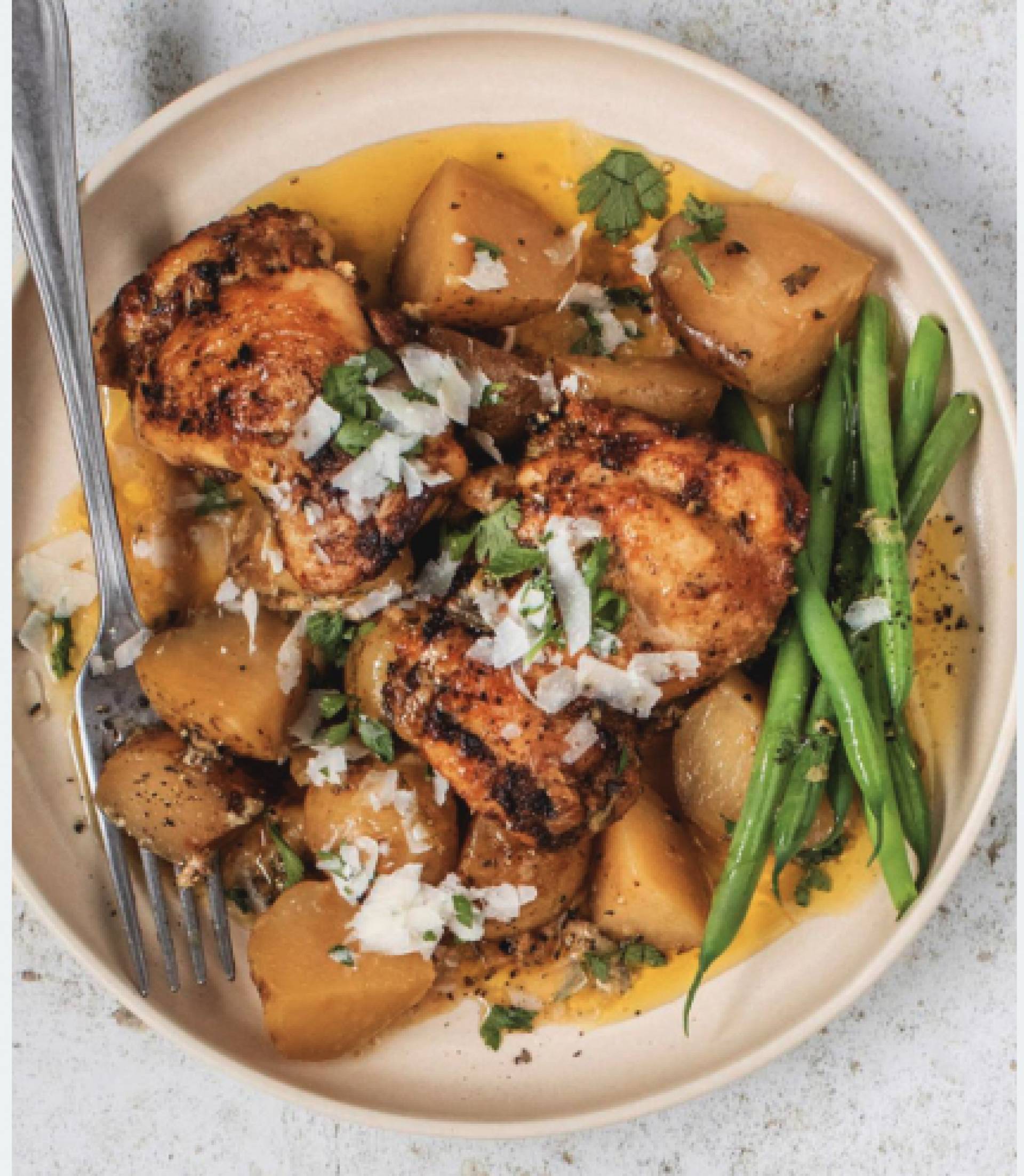 Lemon Garlic Parmesan Chicken with Roasted Potato & Veggies