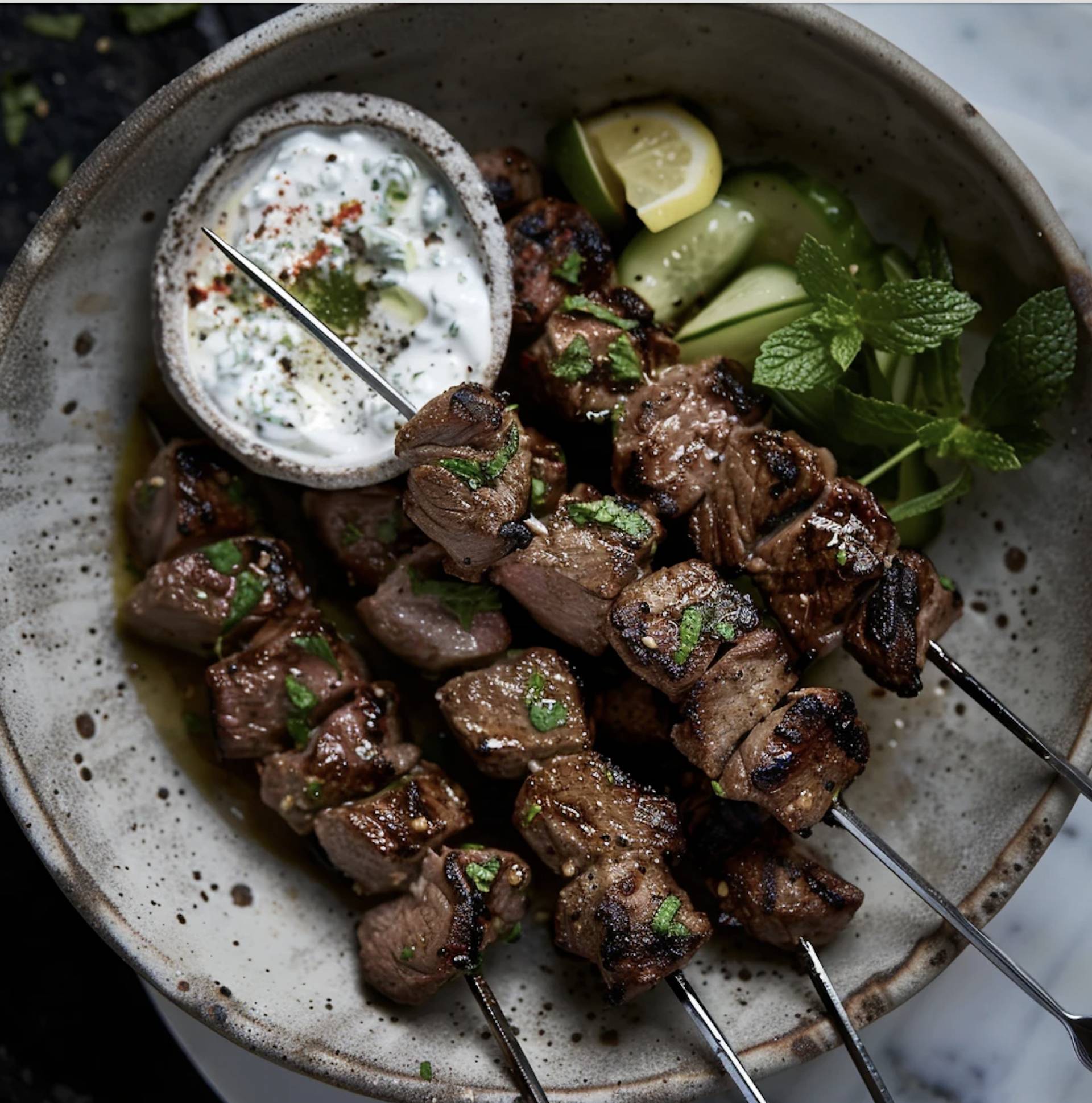 Steak Souvlaki with Greek Potatoes and Roasted Vegetables