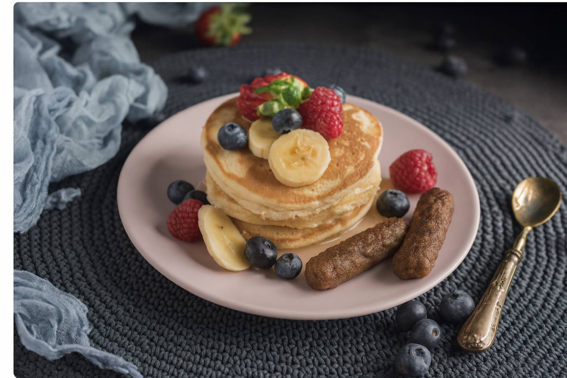 Mixed Fruit Protein Pancakes with Sausage and Yogurt (Breakfast)