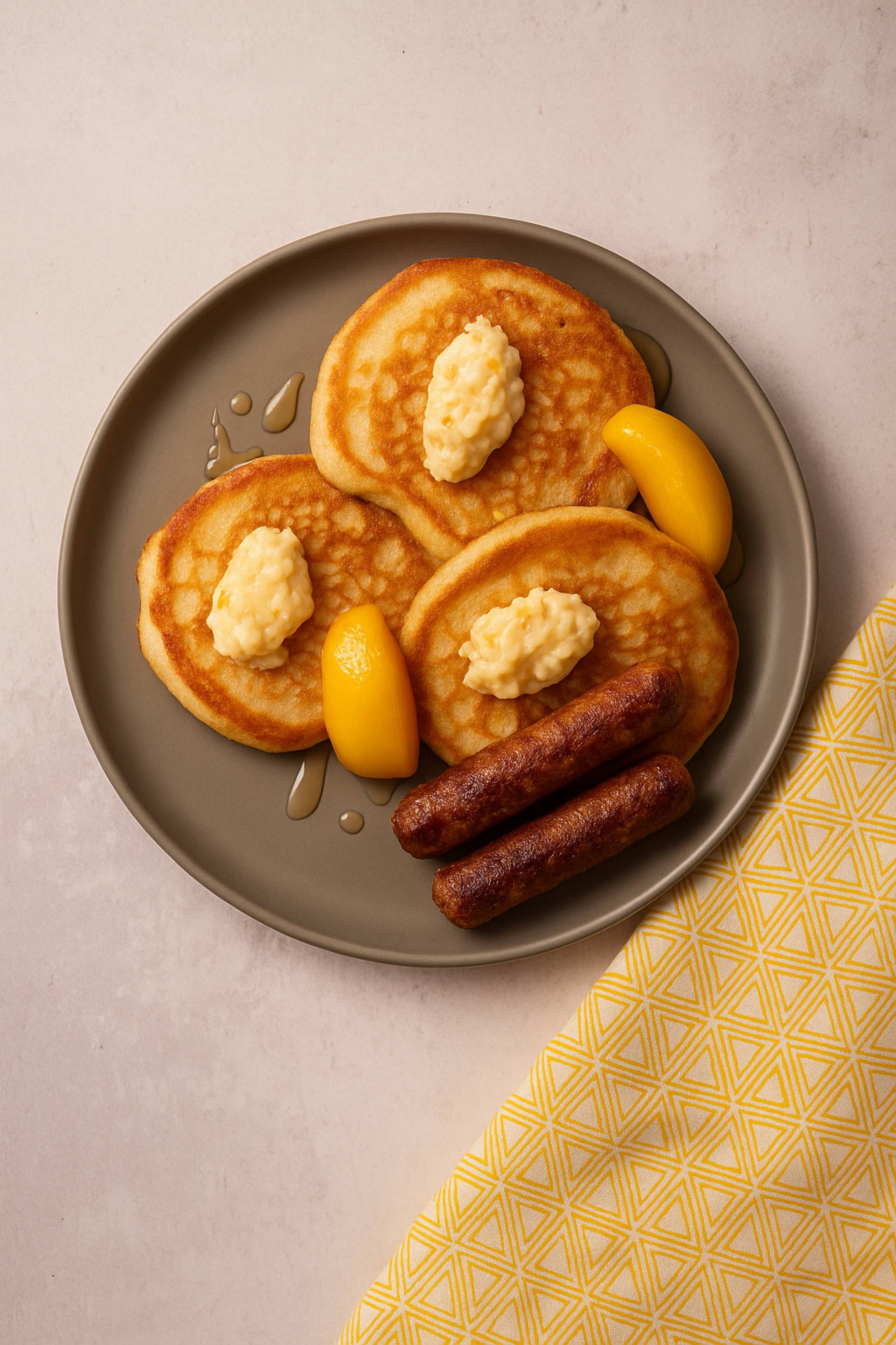 Protein Pancakes with Peaches, Sausage and Yogurt (Breakfast)