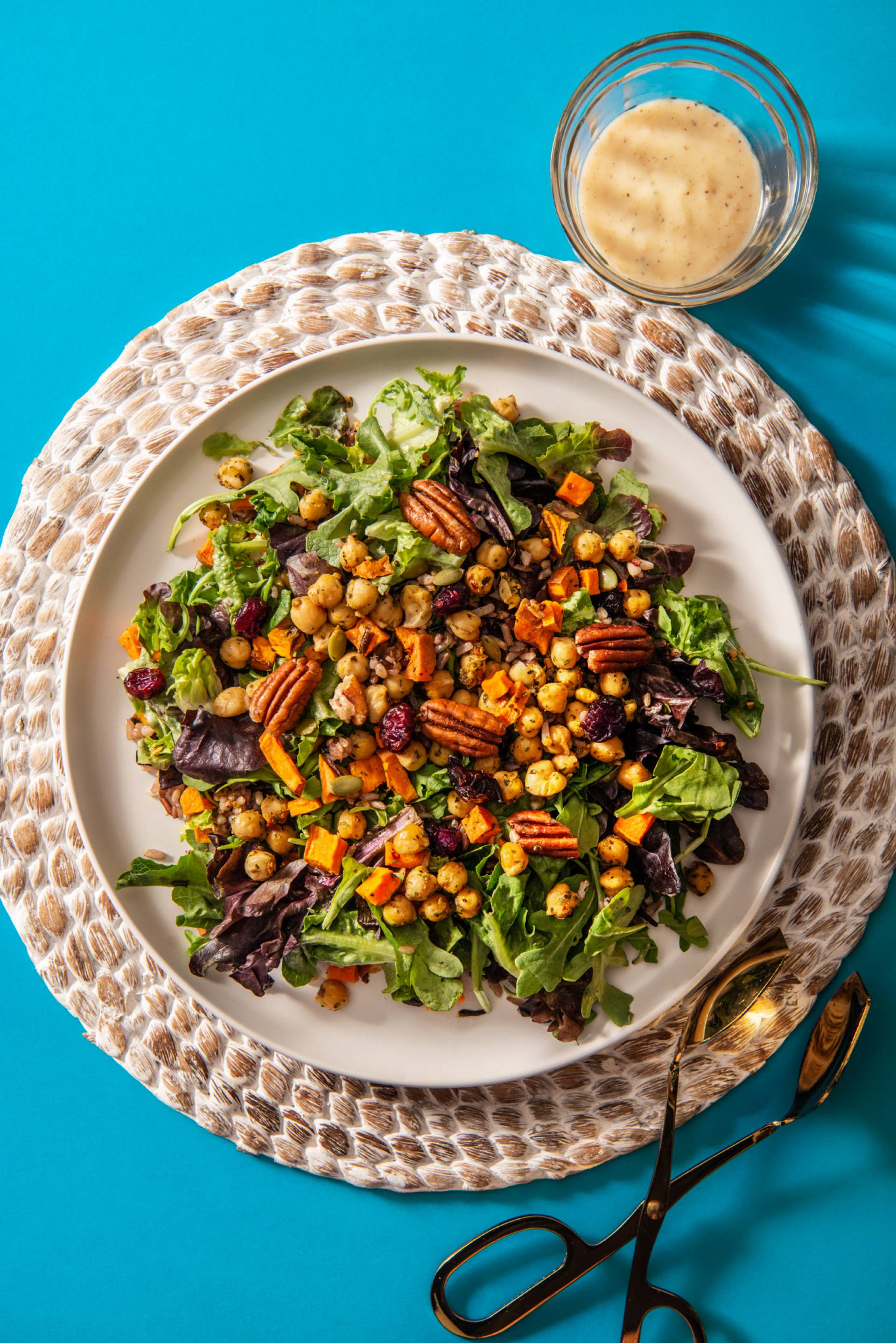 Hearty Sweet Potato, Mixed Greens & Wild Rice Curry Chickpea Salad (Meat-Free)