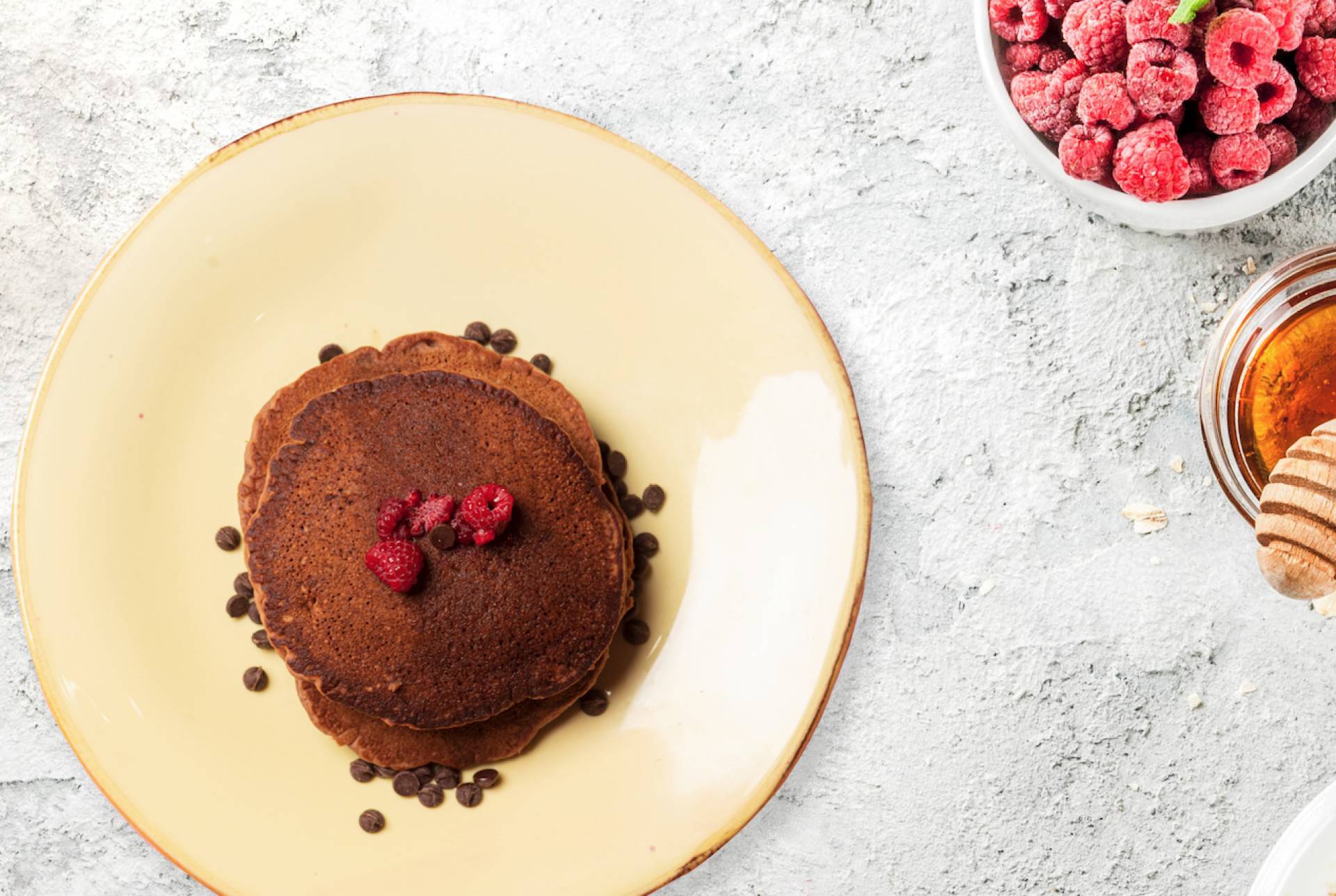 Dark Chocolate Raspberry Protein Pancakes (Breakfast)